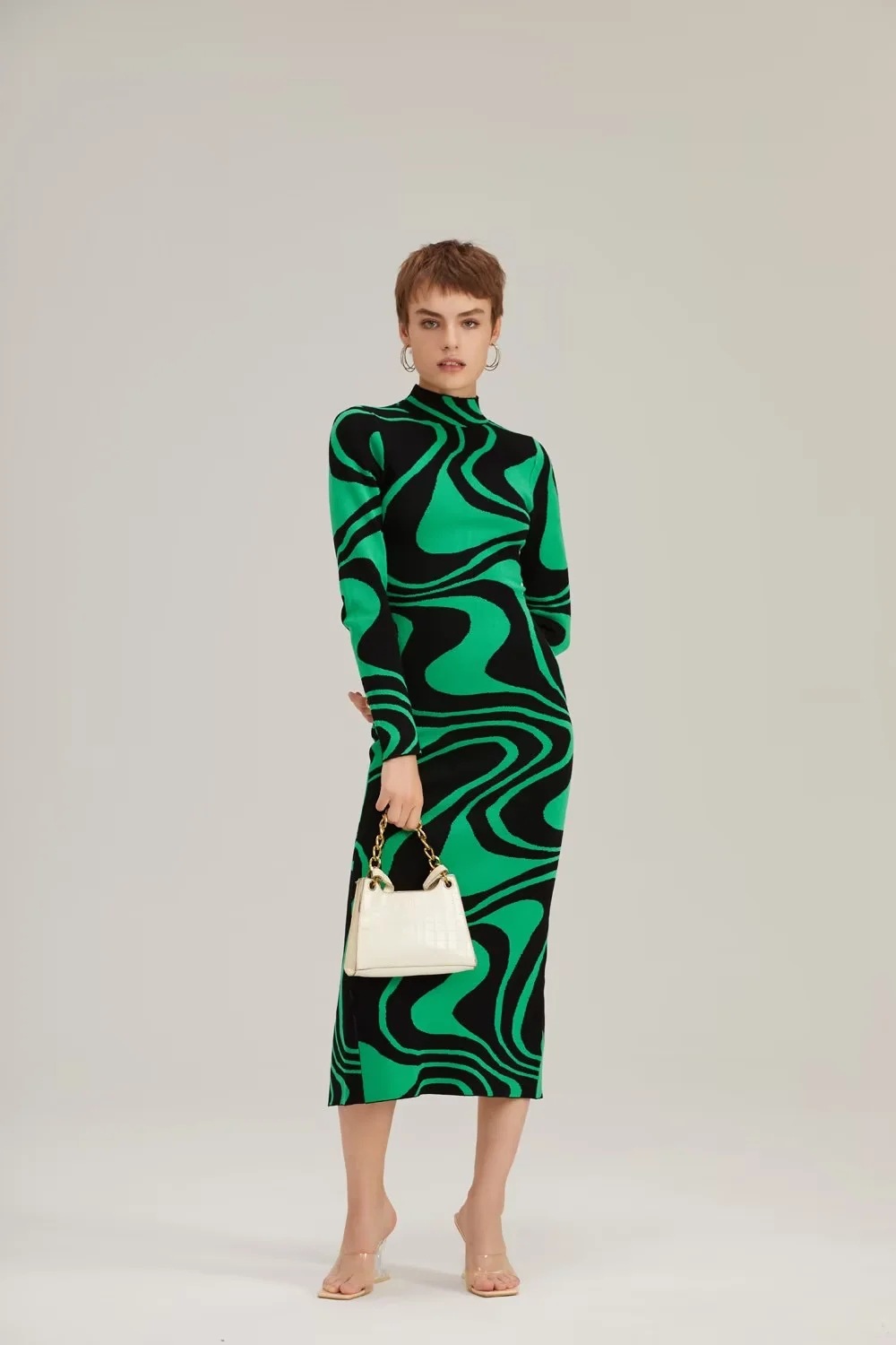 Back Zipper High Collar Abstract Jacquard Knitted Dress For Women