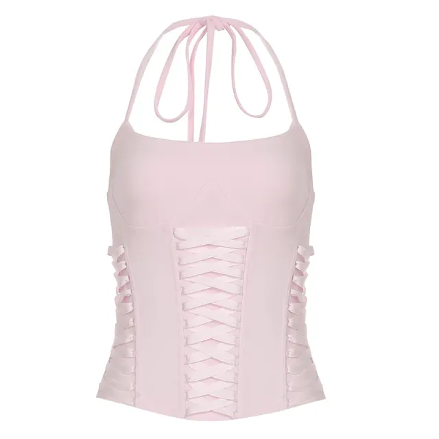 Summer New Lace up Waist controlled Lace up Halterneck Vest For Women Pink - Shop at LoveMi
