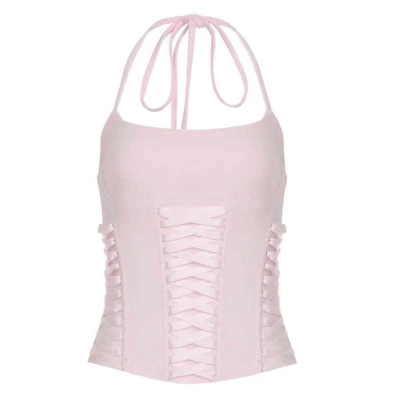 Summer New Lace-up Waist-controlled Lace-up Halterneck Vest For Women - Pink