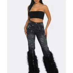 Artificial Wool Ripped Beaded Stretch Jeans - Black - View 1