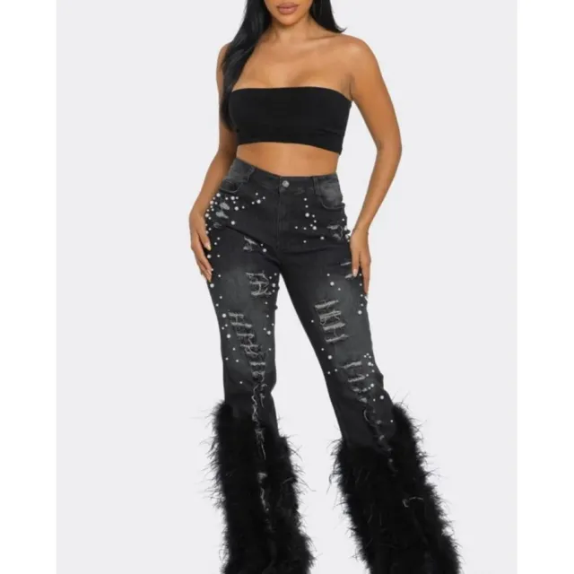 Artificial Wool Ripped Beaded Stretch Jeans Black - Shop at LoveMi