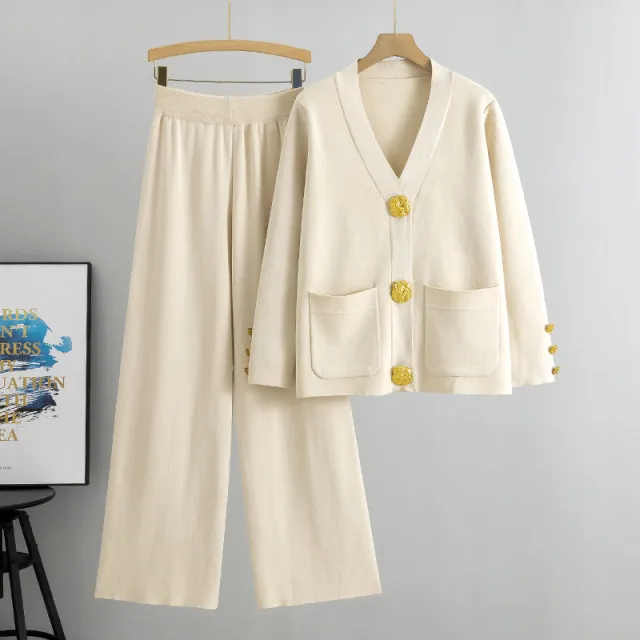 Casual Fashion Metal Buckle Knitted Cardigan Suit Apricot - Shop at LoveMi