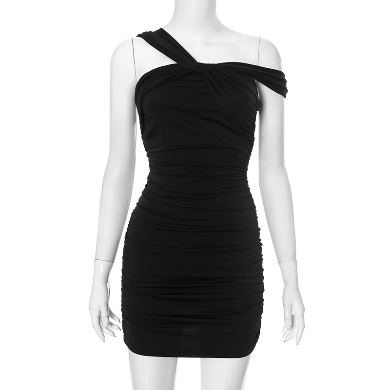 European And American Solid Color Twisted Sexy Sheath Dress Women Black - Shop at LoveMi