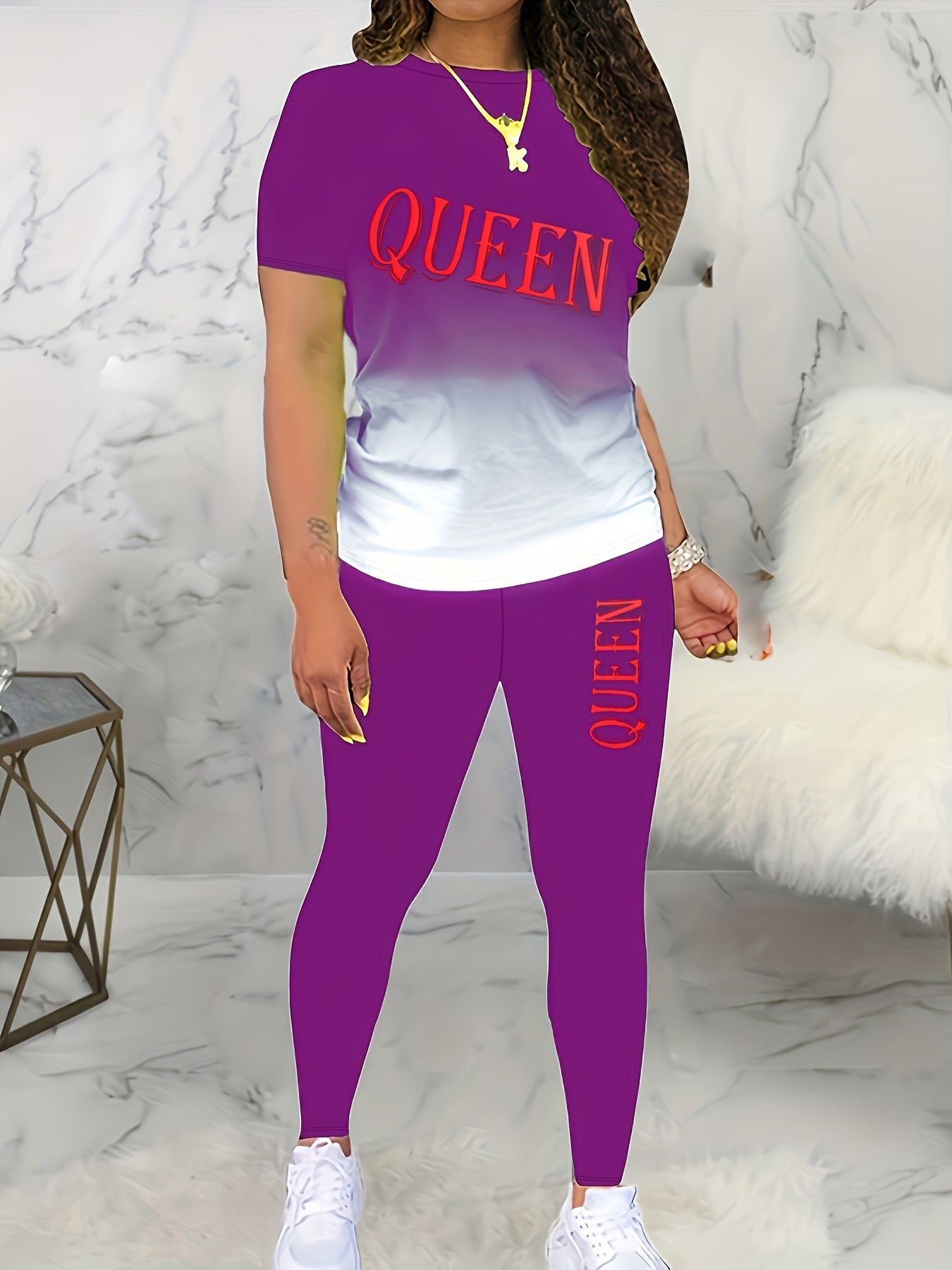 Letter Printed Round Neck Short Sleeve Trousers Suit