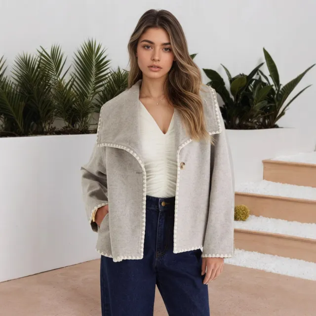 Elegant Warm Short Contrast Color Loose Design Cardigan Coat Light Gray - Shop at LoveMi