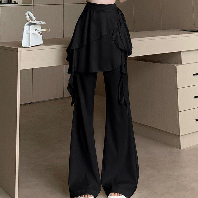 Black Ruffled Faux Two-piece Flared Culotte Skirt