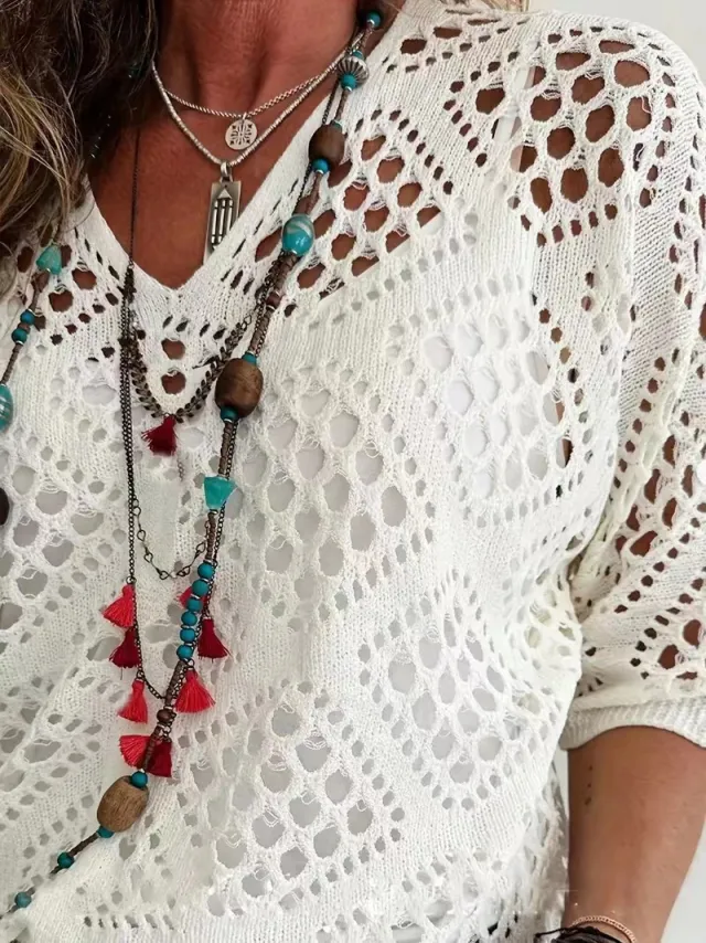 Stylish Beach Style Long Sleeve Knitted Blouse Hand Crocheting Solid Color White - Shop at LoveMi