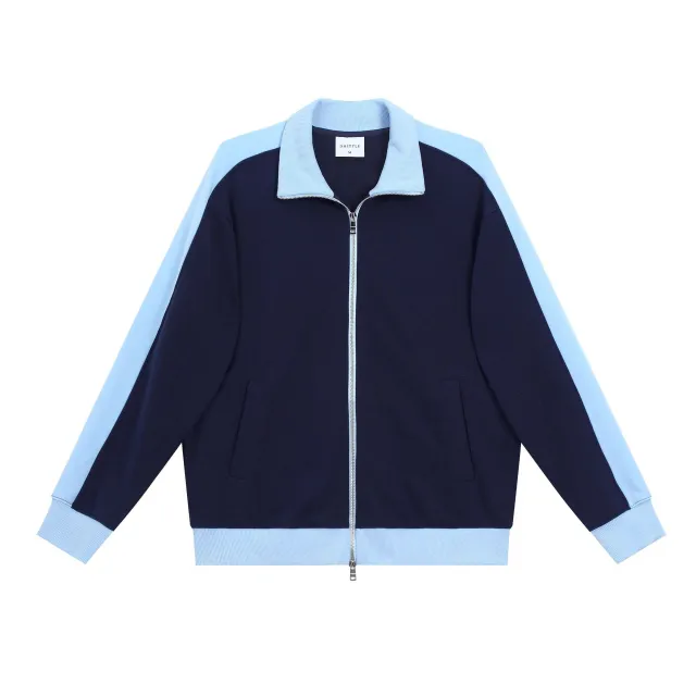 Contrast Color Double Zipper Stand Collar Sweater Navy Blue Sky Blue - Shop at LoveMi