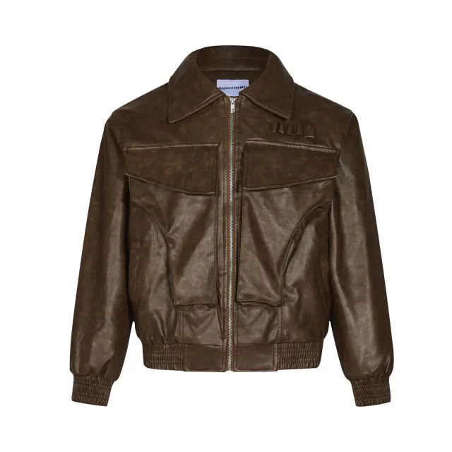 American Street Retro Large Pocket Lapels PU Leather Coat Brown - Shop at LoveMi