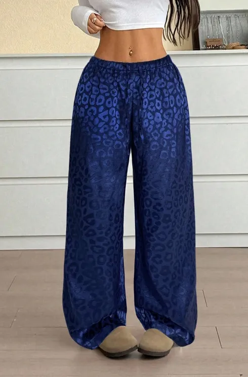 Drawstring Leopard Print Mop Wide Leg Pants Blue - Shop at LoveMi