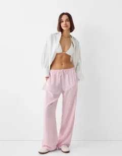 Women's Comfortable Elastic Waist Pinstripe Casual Loose Trousers - Pink - View 1