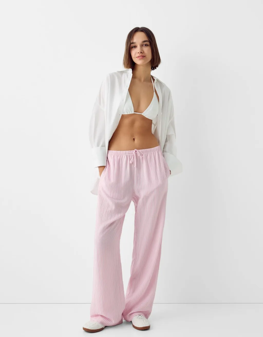 Women's Comfortable Elastic Waist Pinstripe Casual Loose Trousers - Pink