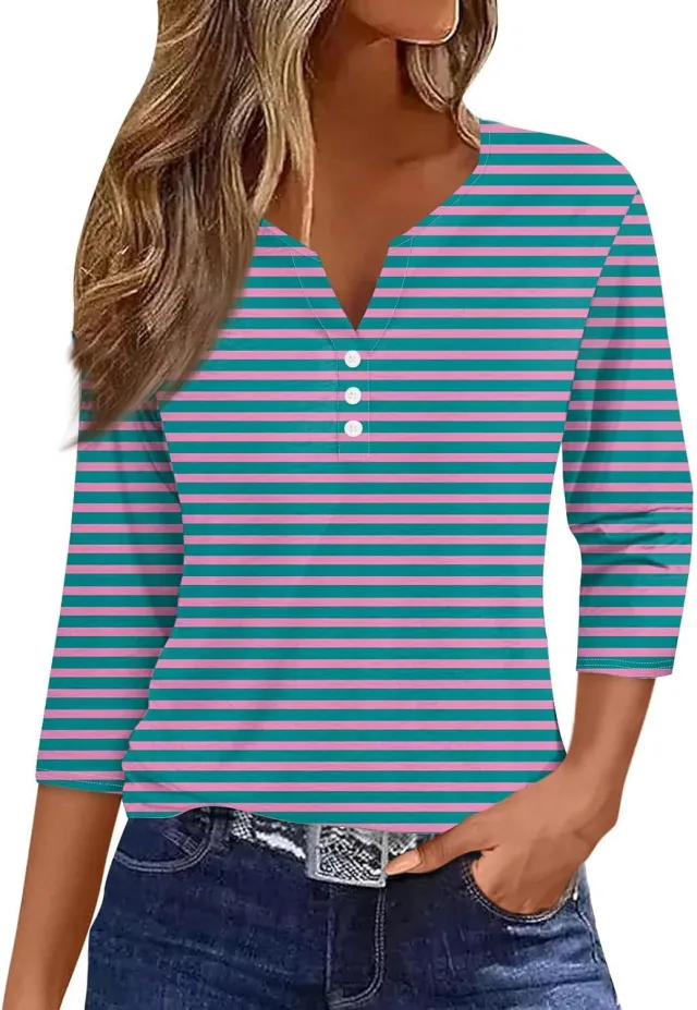 Women's V neck Three button 34 Sleeve Solid Color Gradient Floral Top Floral - Shop at LoveMi
