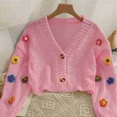 Sweet-style Short Two-button Knit Sweater For Women - Pink - View 1