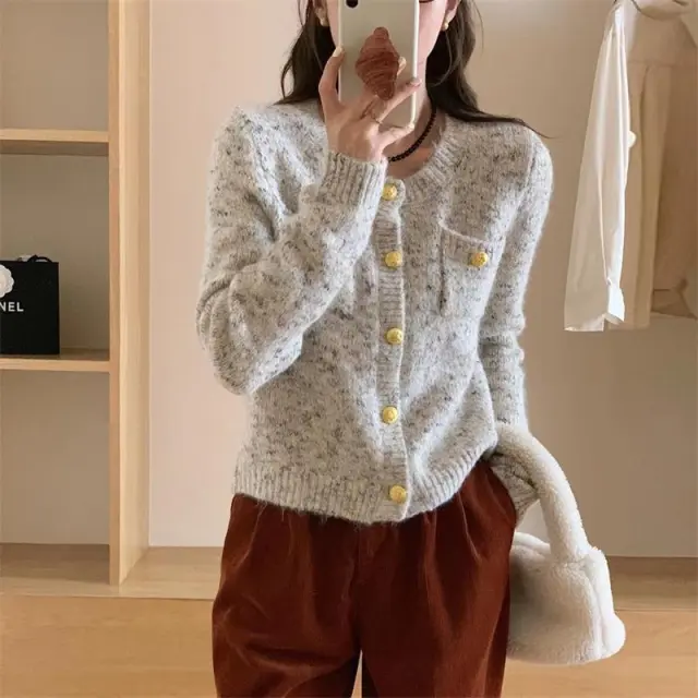Short Variegated Round Neck Sweater Coat Beige - Shop at LoveMi