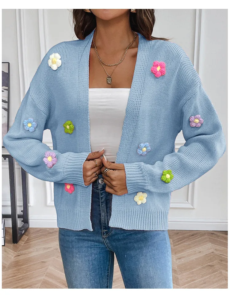 Flower Sweet Knitted Cardigan Sweater Coat For Women - Blue