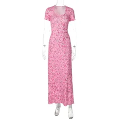 Fashion Printed U-neck Back Strap Short Sleeve Dress - Pink - View 1