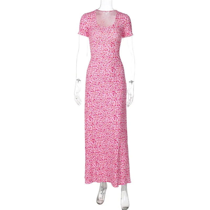 Fashion Printed U-neck Back Strap Short Sleeve Dress - Pink