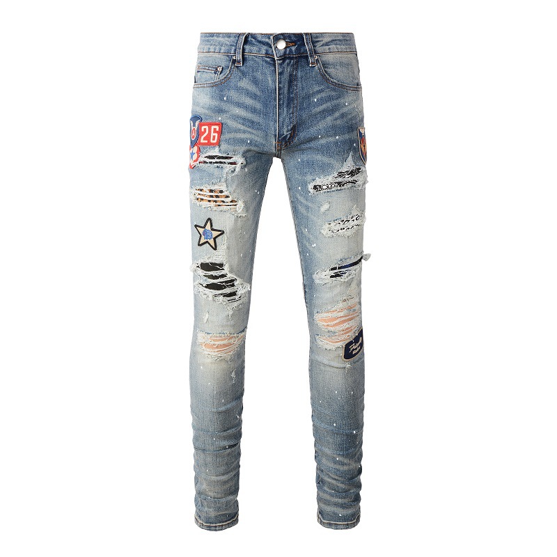 Title 13, Medal Printed Badge Ripped Jeans Men