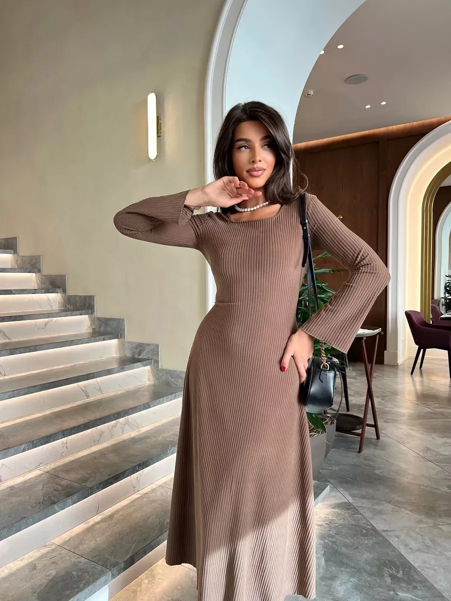 Fashionable Elegant Slim Fit Square Collar Long Sleeve A- Line Dress Women - Brown