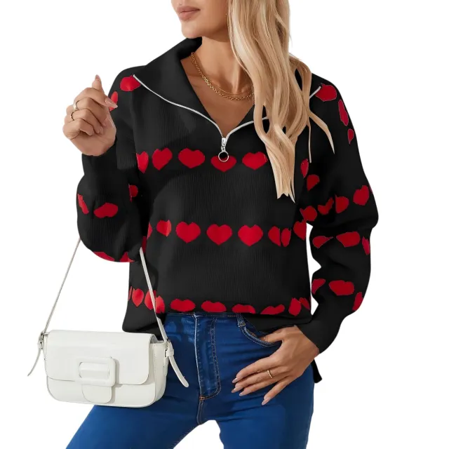 Female With Hearts Contrast Color Pullover Top Black And Red - Shop at LoveMi
