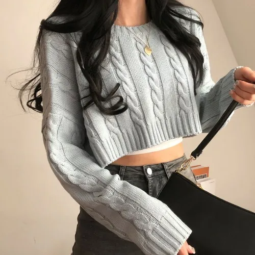 Small Cropped Long Sleeve Crew Neck Pullover Sweater Blue - Shop at LoveMi