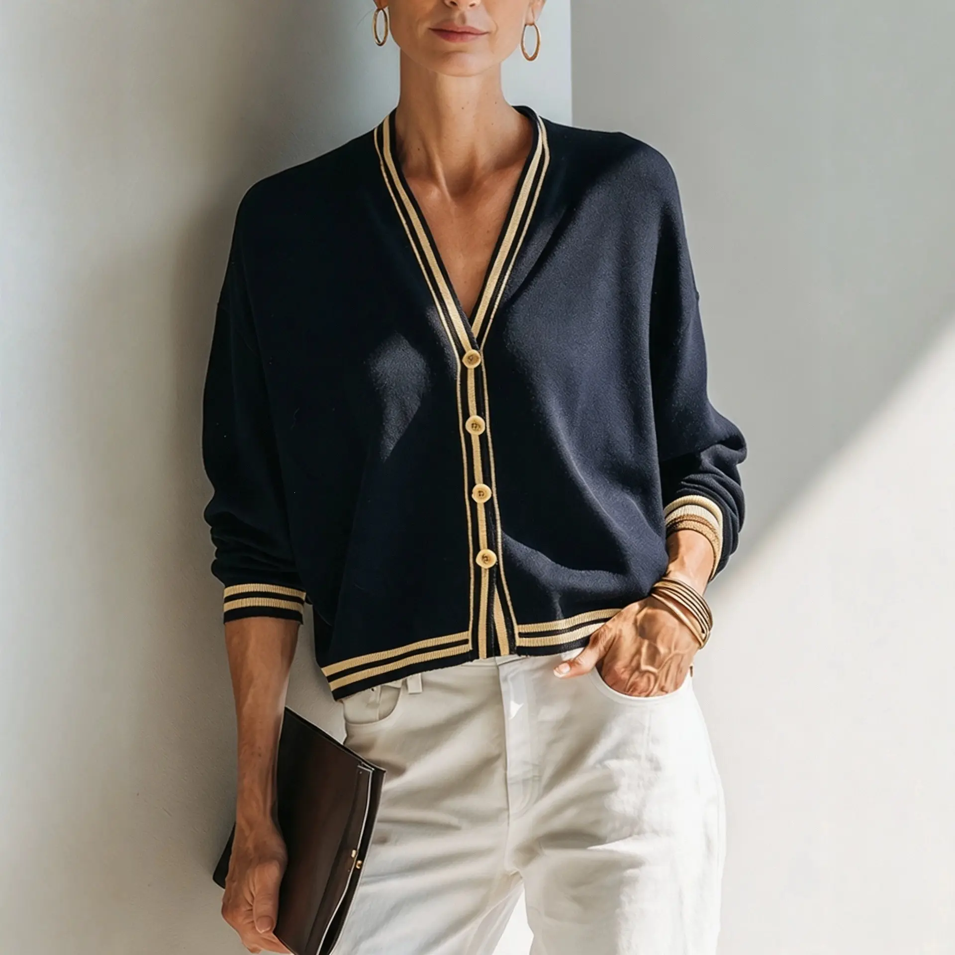Women's V-neck Contrast-color Striped Knitted Cardigan Top