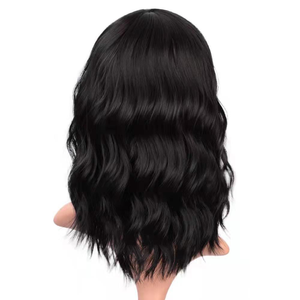 Full head Wig style Curly Small Wave Hairstyle Air Bangs Artificial Human Hair Wig Sheath Black - Shop at LoveMi