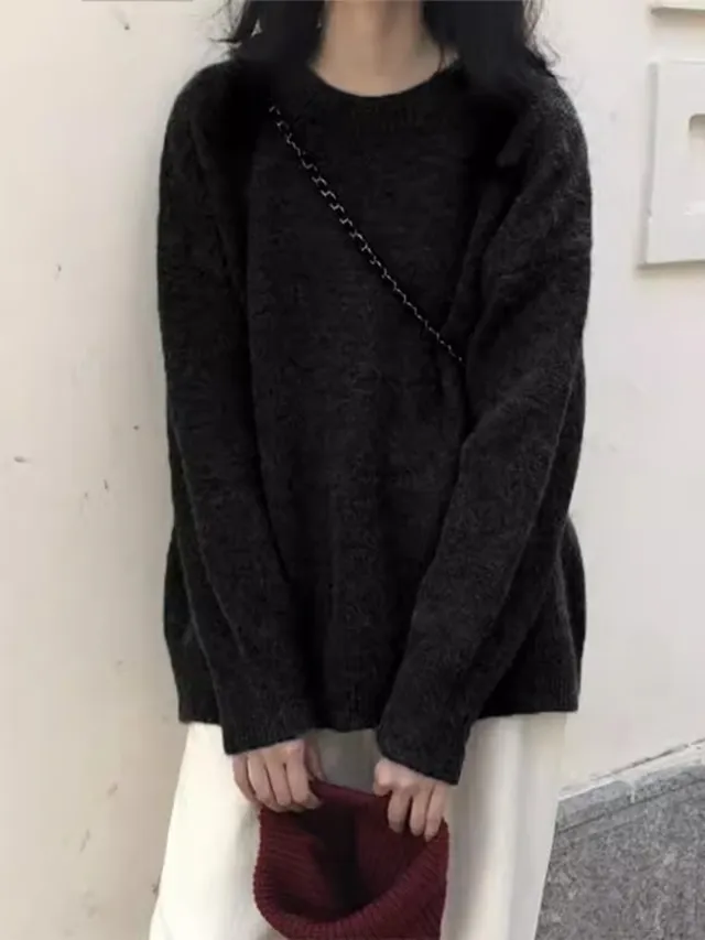 Round Neck Soft Glutinous Sweater Loose Thick Black - Shop at LoveMi