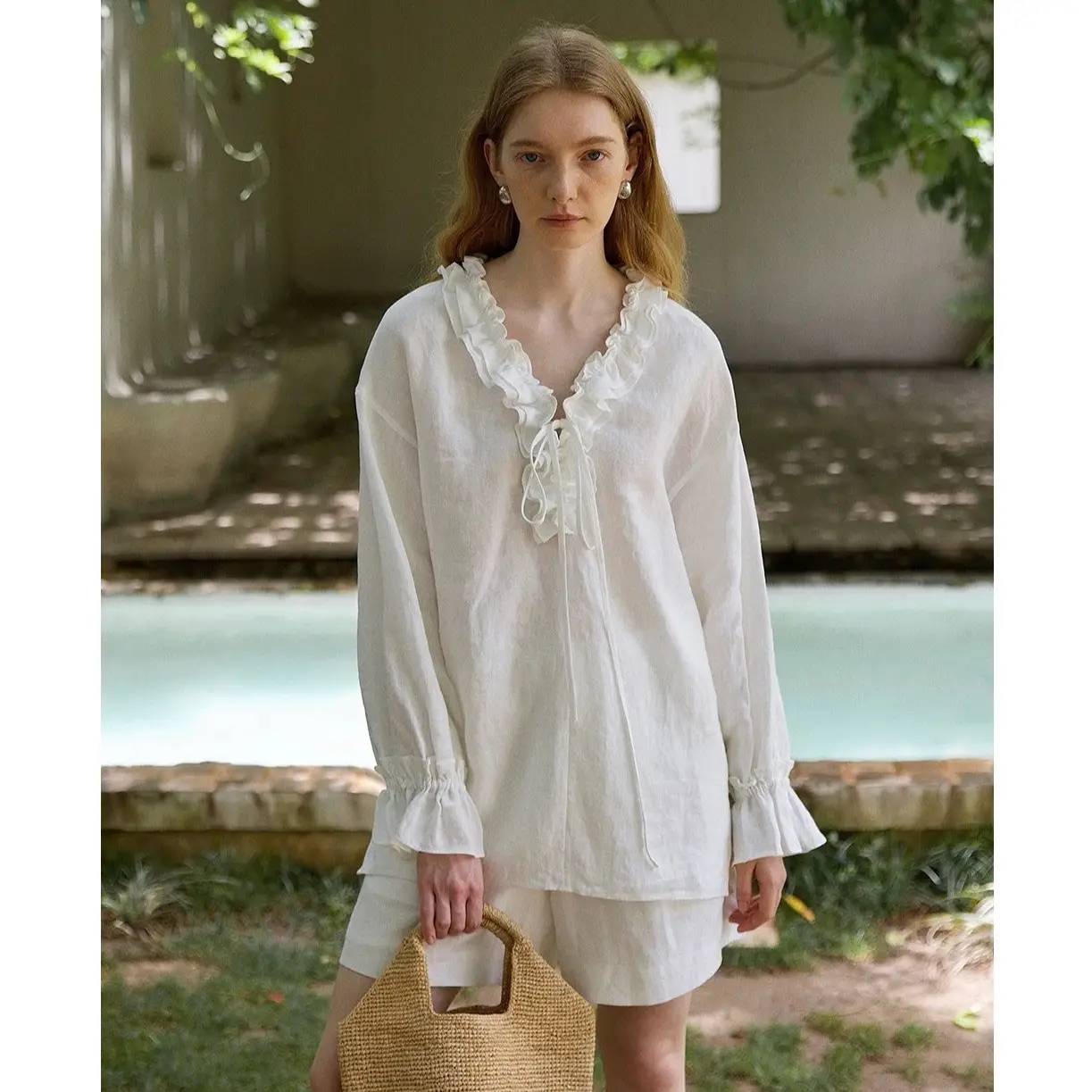 Linen Handmade Ruffle-trimmed V-neck Tie-up Shirt