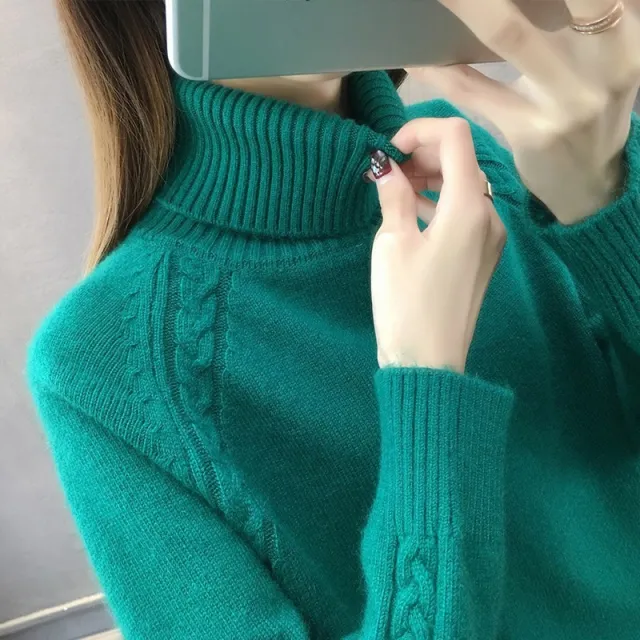 Women's Turtleneck Pullover Japanese Style Peacock Green - Shop at LoveMi
