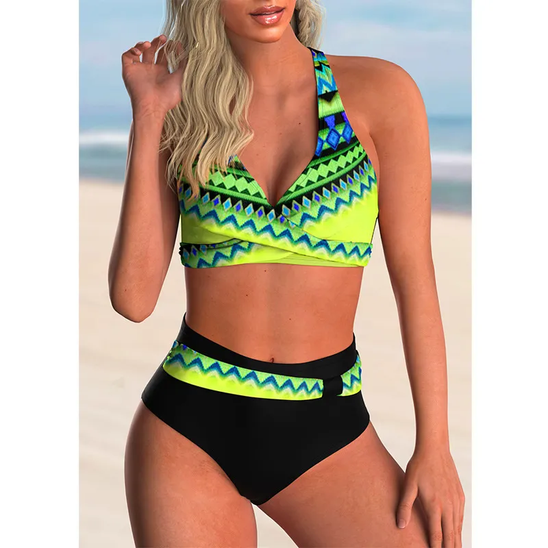 Vintage Printed High Waist Split Swimsuit - Picture 1-Xl