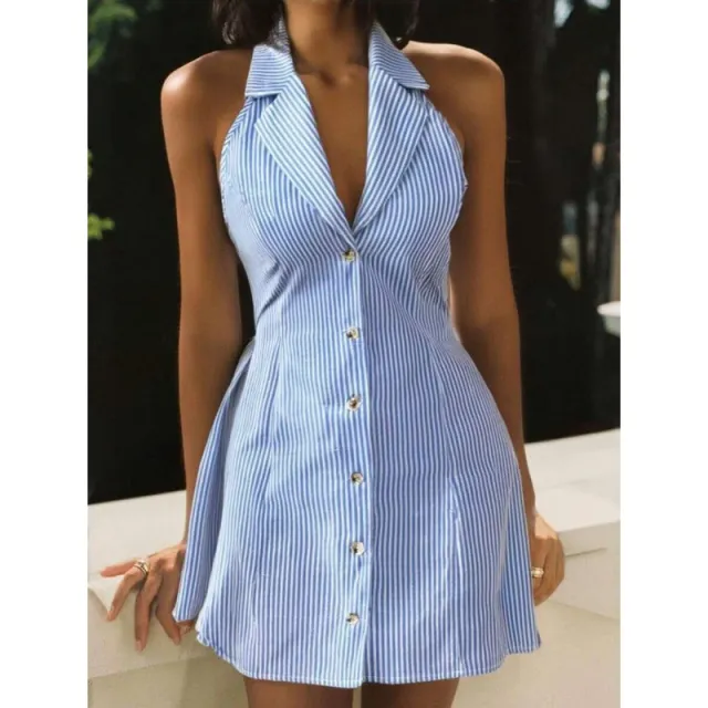 Backless Lace Up Bow Holiday A Line Single Row Button Sling Dress Sky Blue - Shop at LoveMi