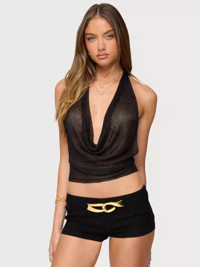 Glossy Knitted Pendant Collar Backless Top Black - Shop at LoveMi