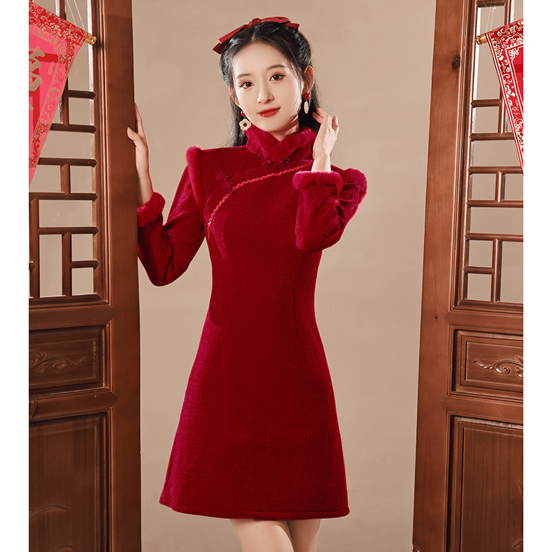 Winter Cheongsam Autumn And Winter Short Red Fleece lined Thickened Wine Red - Shop at LoveMi