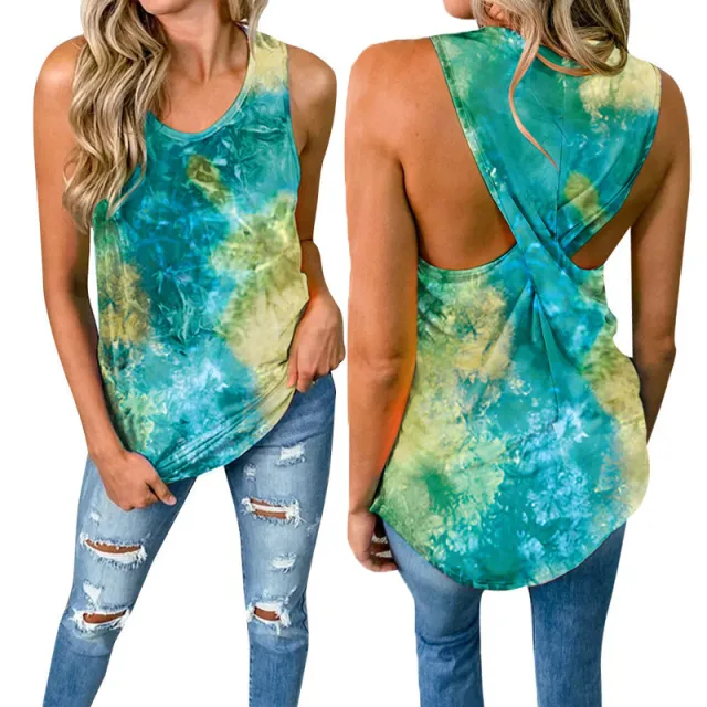 T shirt Fashion Round Neck Sleeveless Printing And Dyeing Twisted Top For Women Green - Shop at LoveMi