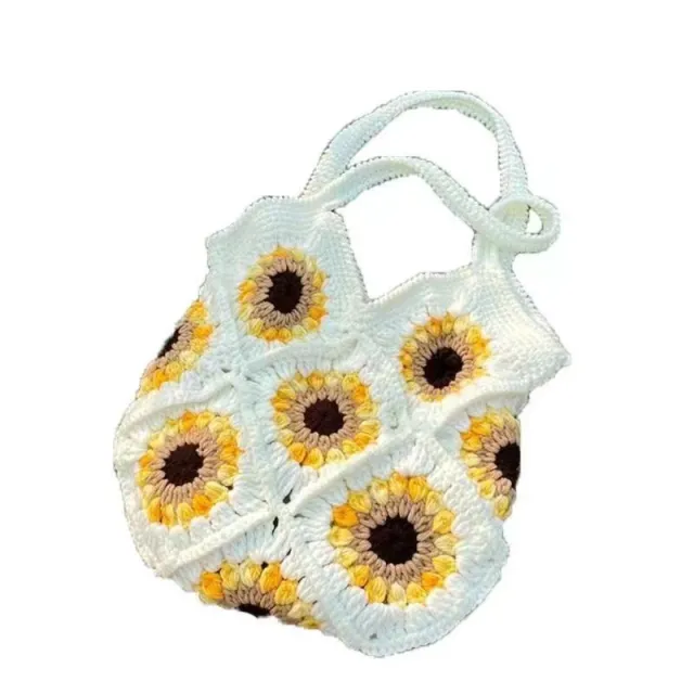 Hand woven Bag Wool Crochet Cute Sunflower Since Shoulder Tote White - Shop at LoveMi