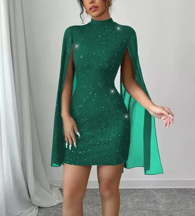Womens Sequin embellished Shawl sleeve Dress With Long Sleeves Green - Shop at LoveMi