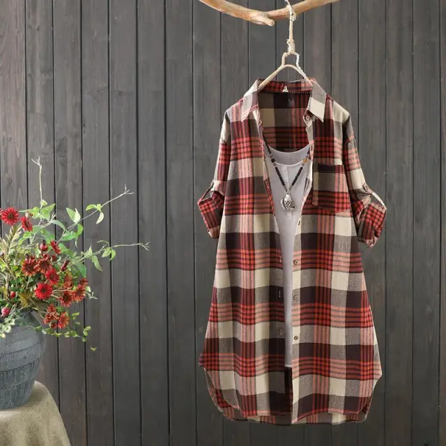 Casual Plaid Shirt Women's Mid length Loose Korean Style Red - Shop at LoveMi