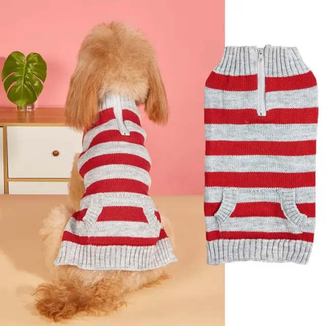 Contrast Color Horizontal Zipper Button Pocket Small And Medium sized Dogs Sweater Gray - Shop at LoveMi