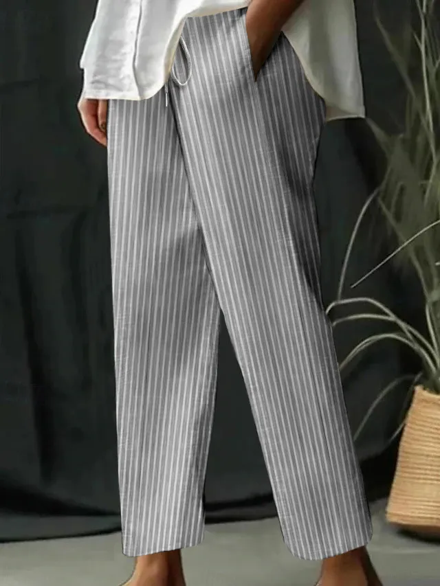 Casual Homewear Pants New Striped Solid Color Cotton And Linen Loose Trousers Gray - Shop at LoveMi