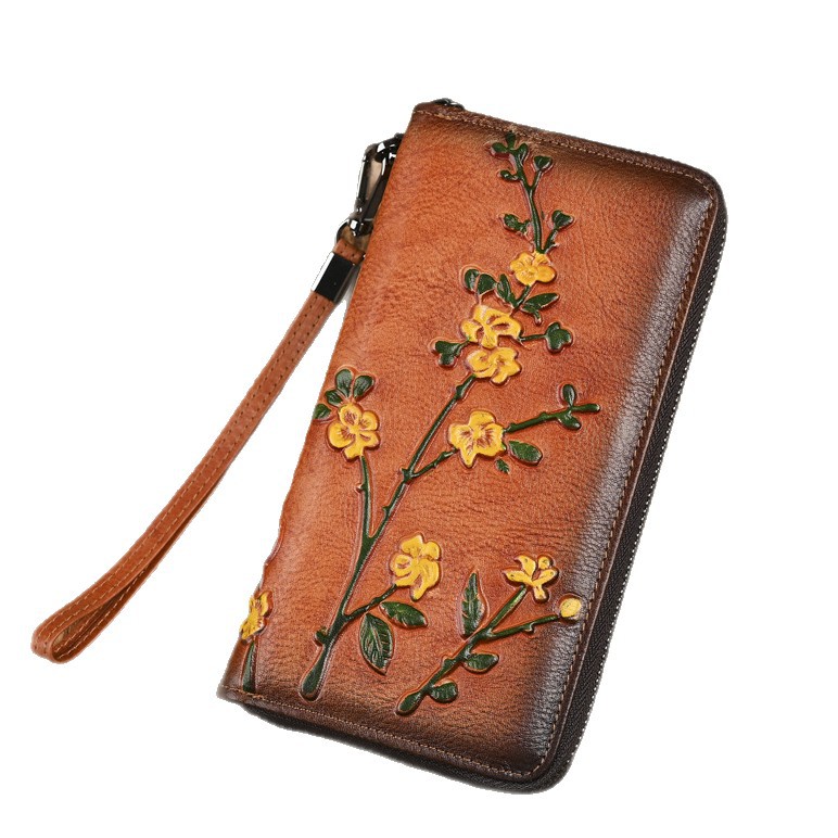 Portefeuille long en cuir véritable pour femme – Motif gravé vintage, nombreux rangements