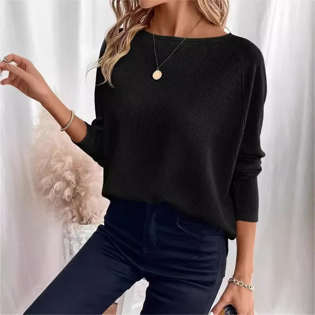 Women's Knitted Waffle Shoulder Pullover Black - Shop at LoveMi