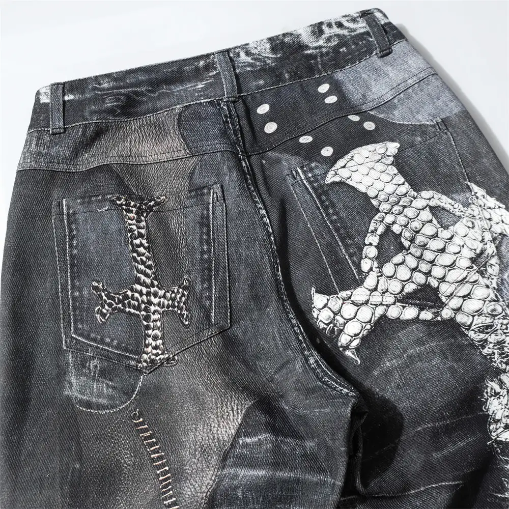 Men's Dark Digital Printing Wash Horn Jeans