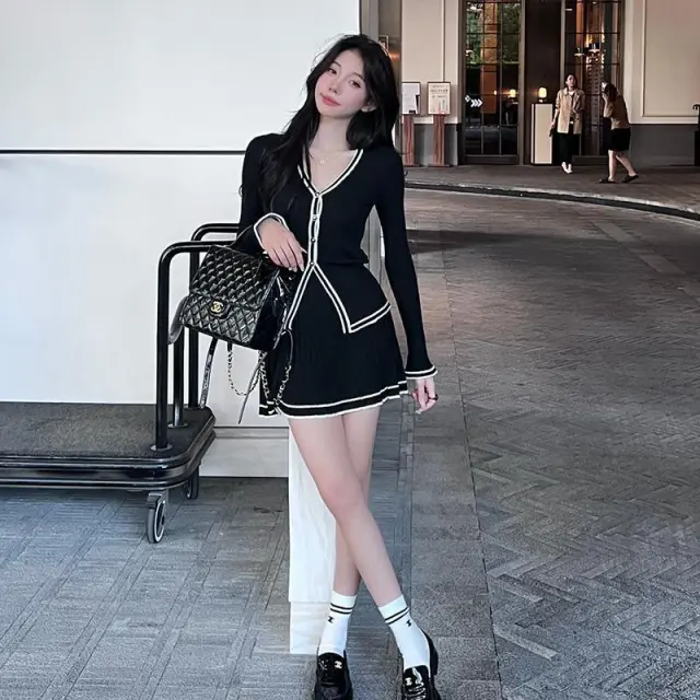 Autumn Clothes Knitting Suit Pleated Skirt Two piece Set Black - Shop at LoveMi