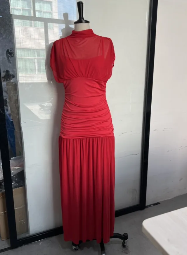 Half Turtleneck Mesh Stitching Long Dress Red - Shop at LoveMi