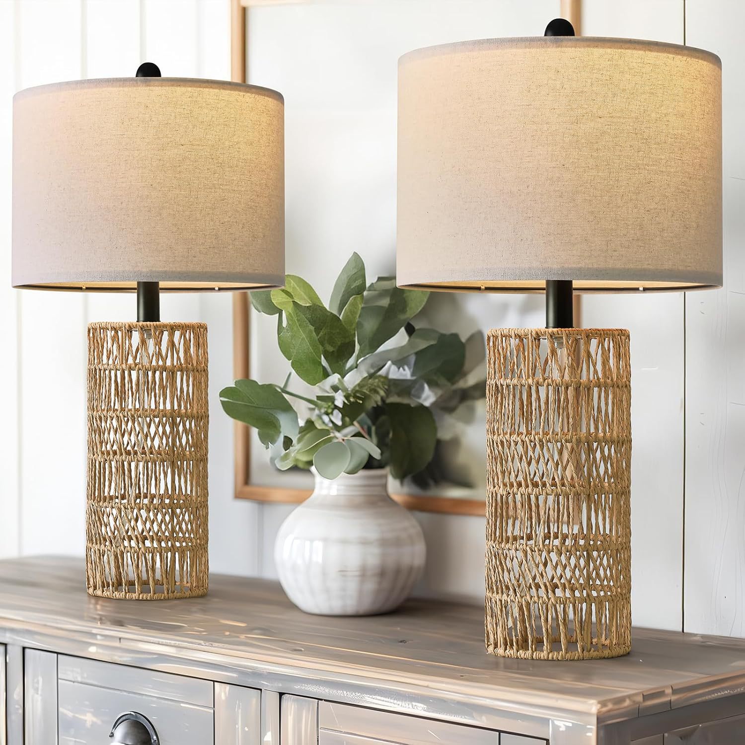 Beige Boho Rattan Table Lamp
