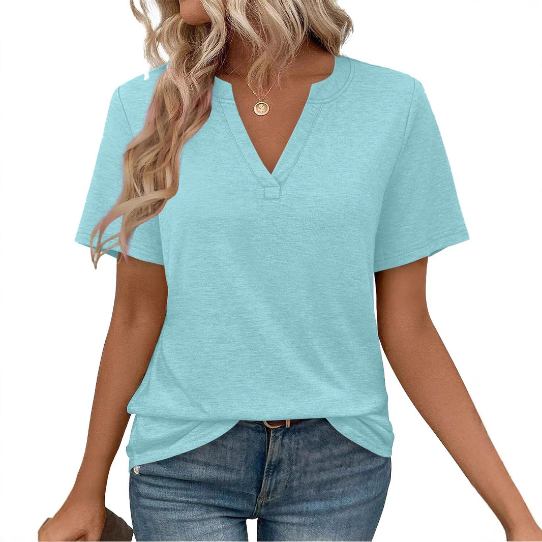 Womens T-shirt With V-neck Loose-fit Casual Solid-color Top