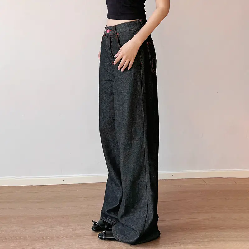 Women's Retro Contrast Embroidered Original Wide-leg Jeans