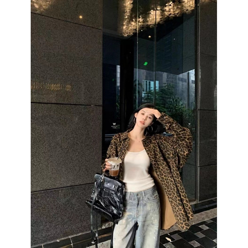 Womens Retro Leopard-Print Lapel Long-Sleeve Coat